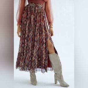 Anthropologie Tiered Maxi Skirt Nikita Mhaisalkar Slit Hem Geometric Si
